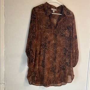 Dress Barn Button Down 3/4 Tab Sleeves 
Brown Animal Print Sheer Blouse Size XL